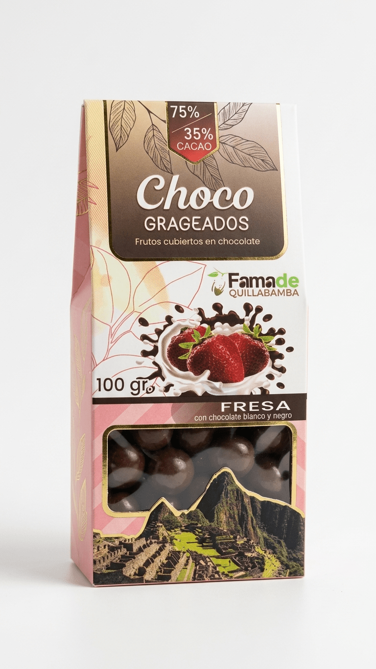 Bolsa de Fresa con Chocolate 75% Cacao de 100 gramos, snack artesanal de Fama de Quillabamba