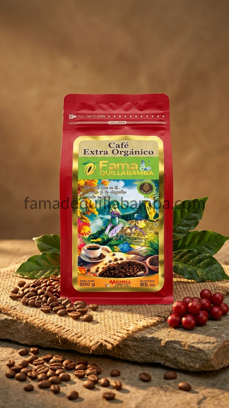 Bolsa de Café Extra Orgánico 500g junto a granos de café tostado y cerezas de café frescas