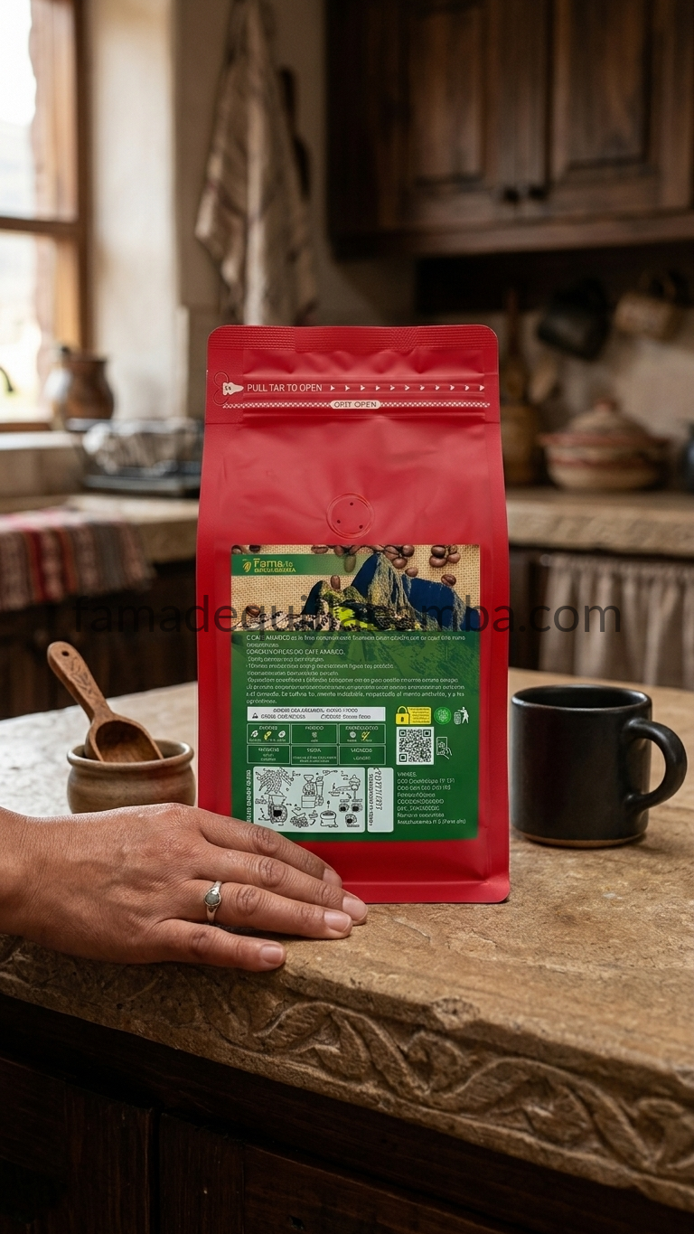Mano sosteniendo la bolsa de Café Extra Orgánico 500g mostrando la etiqueta trasera