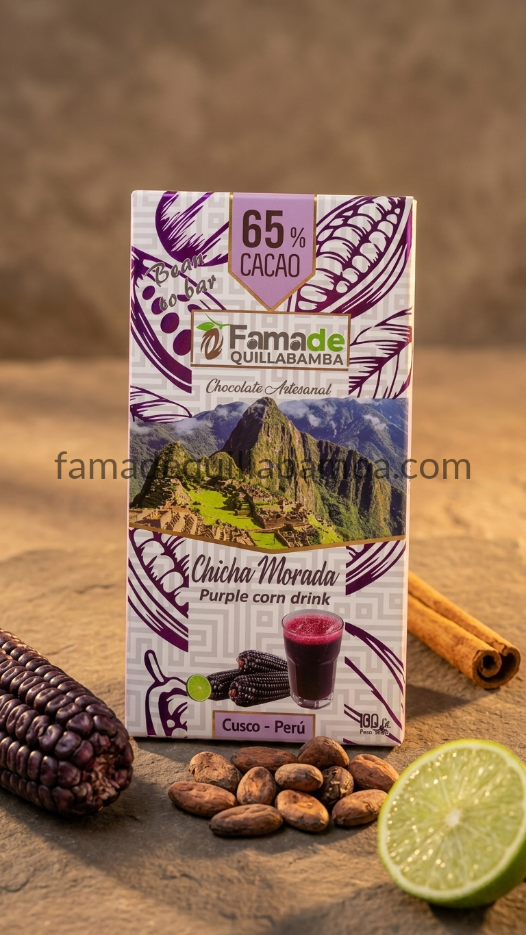 Barra de Chocolate con Chicha Morada 65% Cacao 100g junto a granos de cacao, canela y limón