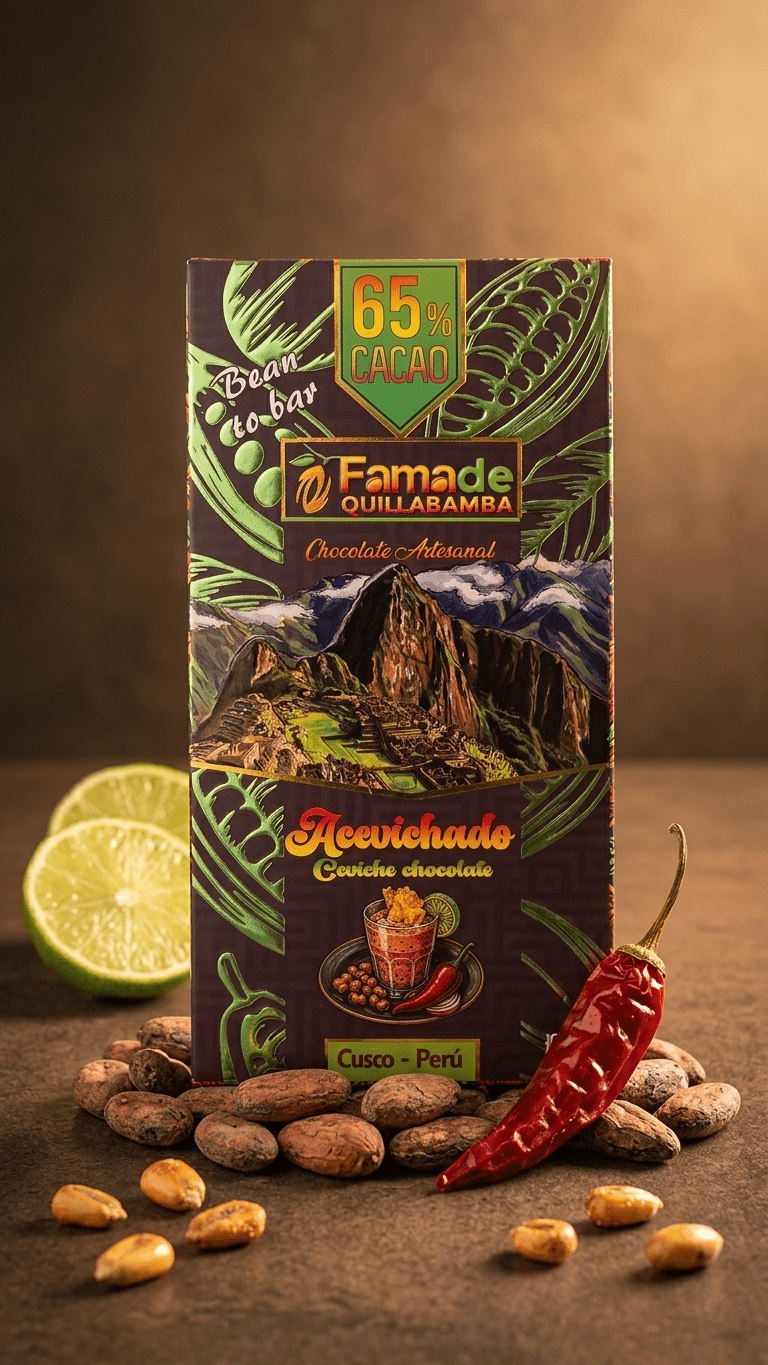 Chocolate Acevichado 65% Cacao | Barra Artesanal 100g junto a cacao y frutas frescas, ingredientes naturales de Quillabamba, Cusco