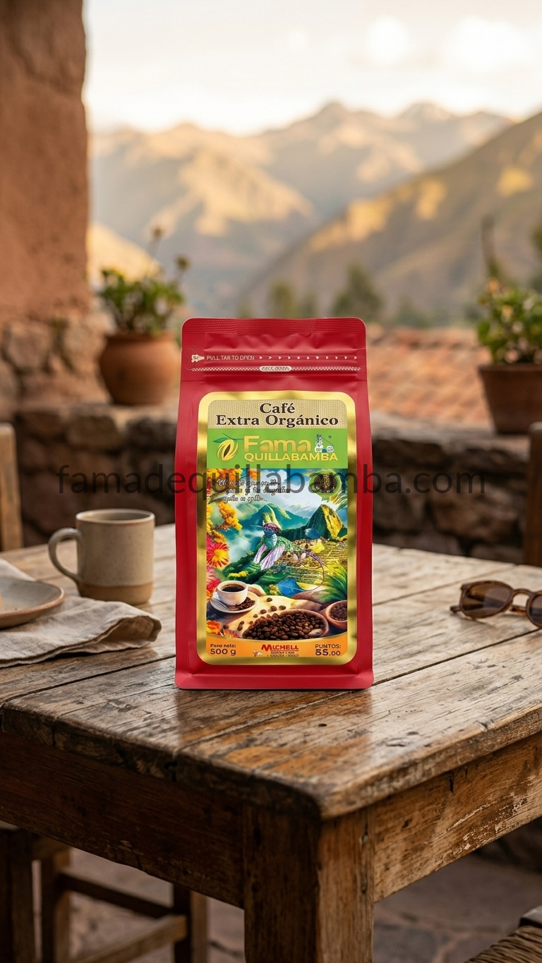 Café Extra Orgánico 500g sobre mesa de madera rústica en ambiente andino