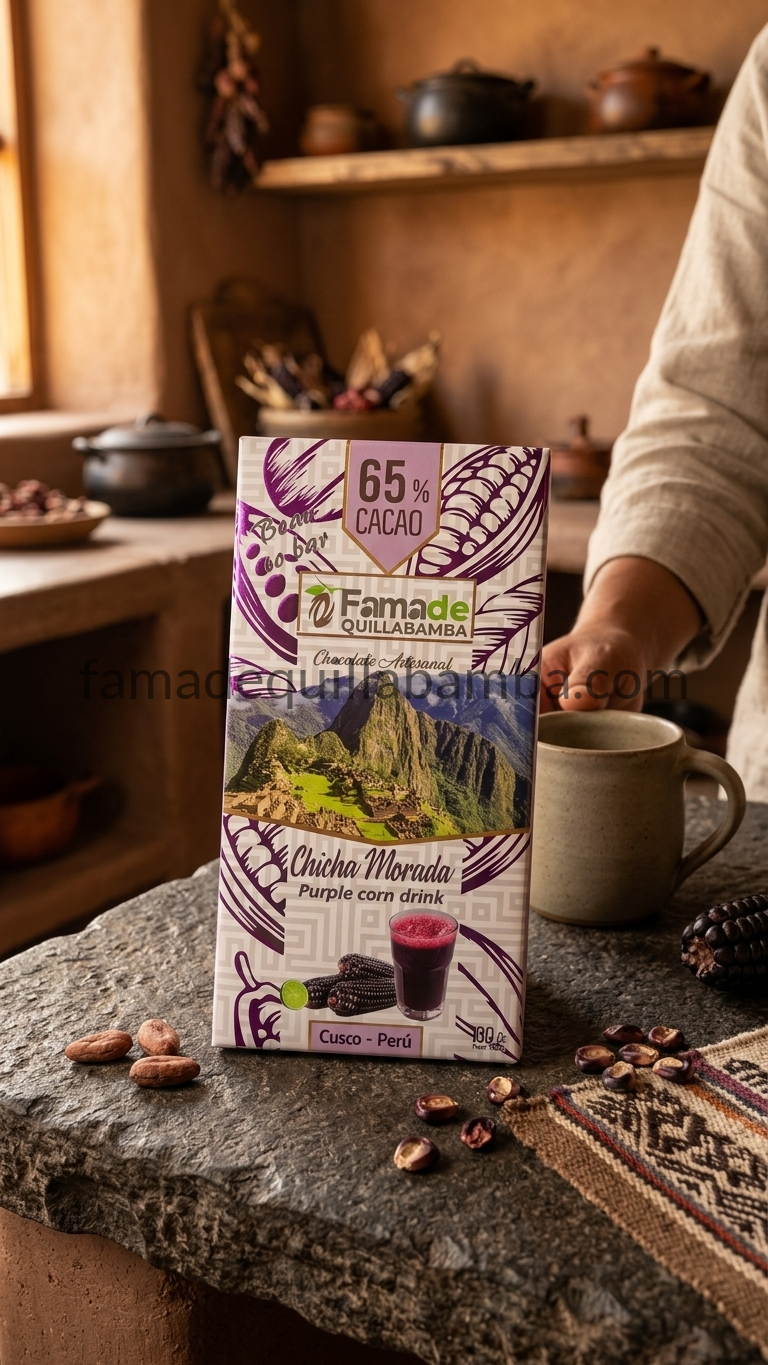 Chocolate con Chicha Morada 100g en mesa rústica con taza de café y granos de cacao