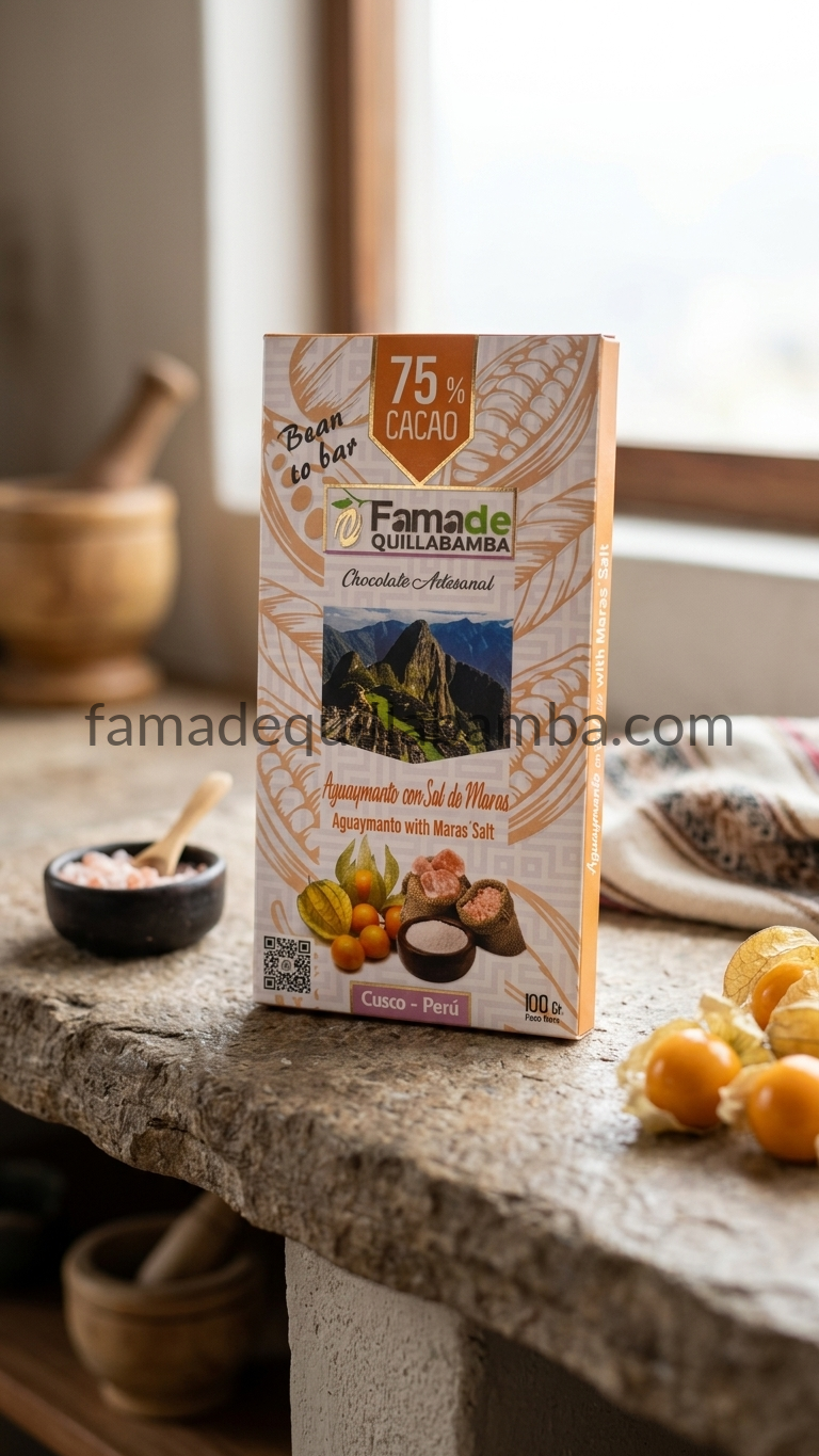 CHOCOLATE 75% - Chocolate con Aguaymanto y Sal de Maras - Barra Artesanal 100 g - Vista 3