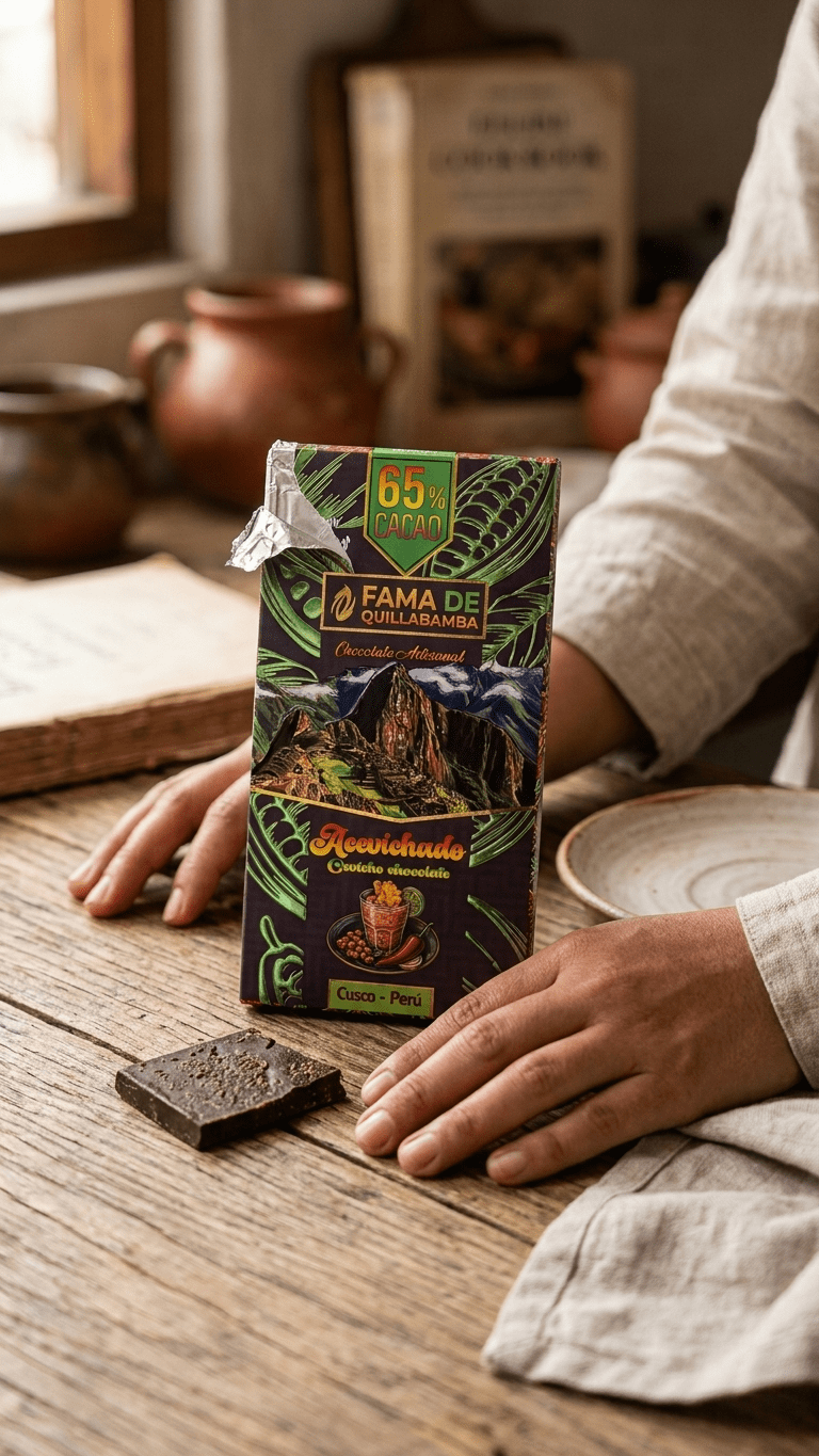 Chocolate Acevichado 65% Cacao | Barra Artesanal 100g, fotografía artística con paisaje andino de fondo, Fama de Quillabamba