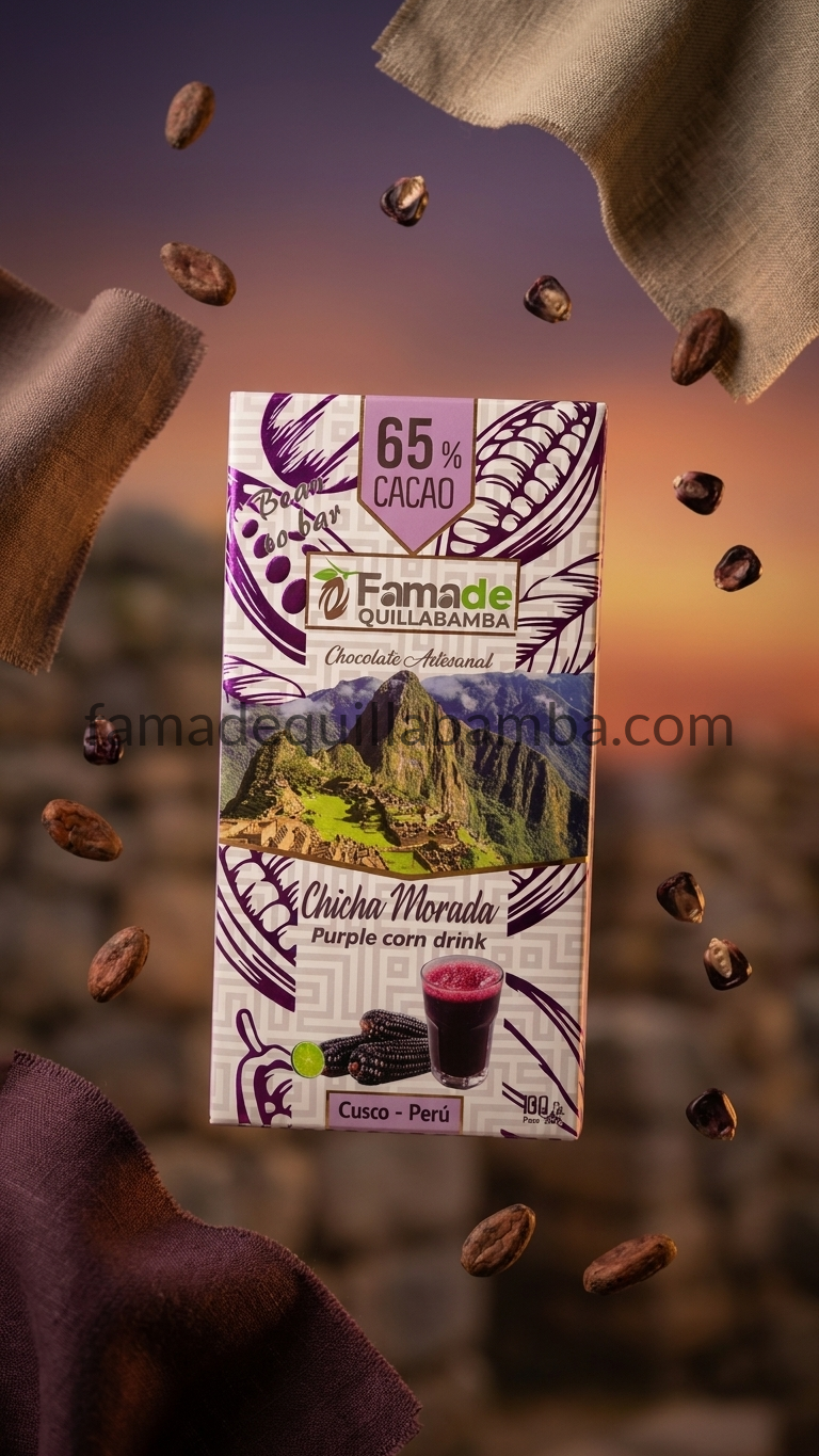 Chocolate con Chicha Morada 65% Cacao 100g con granos de cacao artesanal cayendo