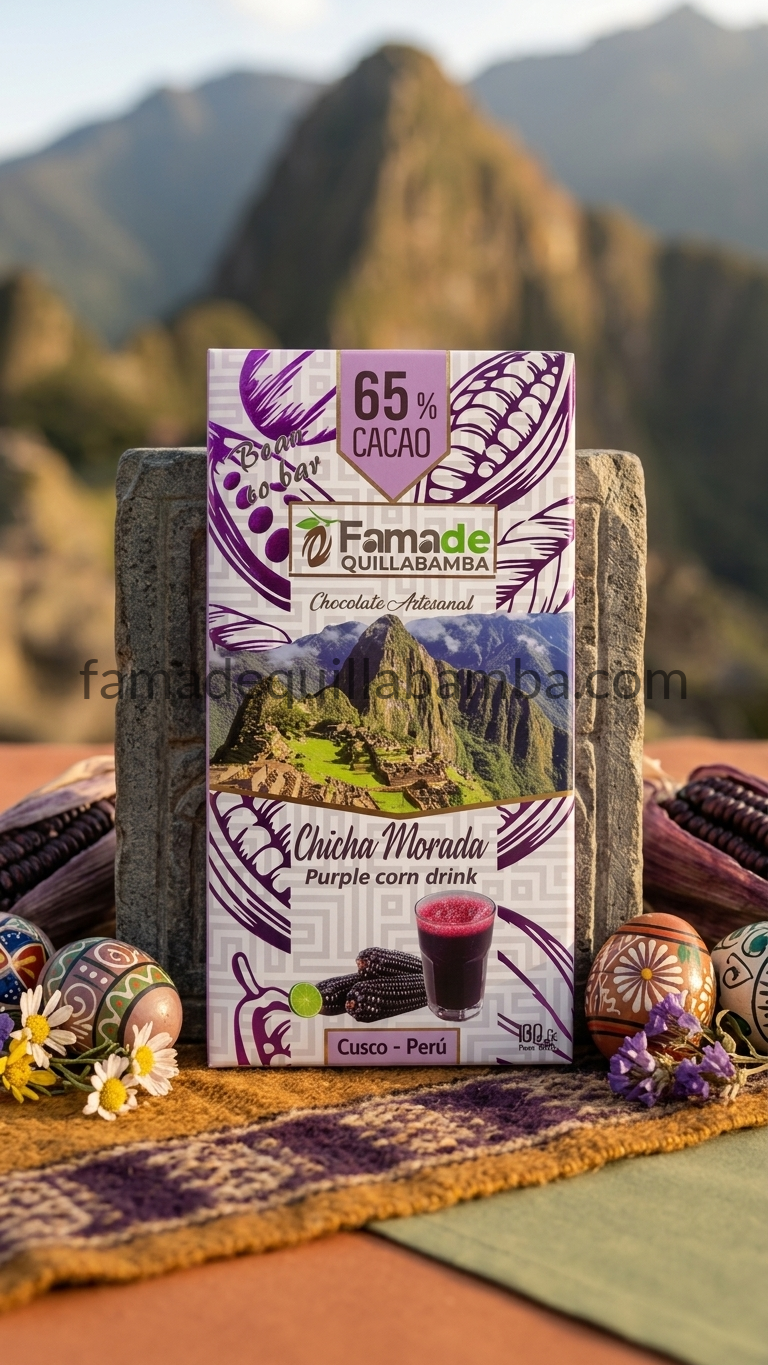Barra Artesanal de Chocolate con Chicha Morada 100g sobre textil andino tradicional