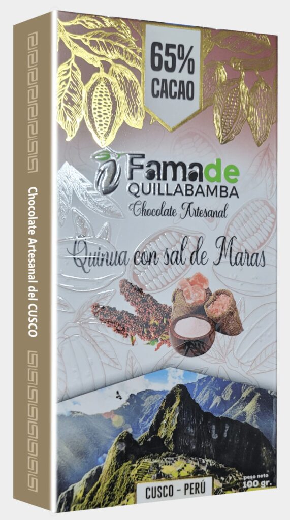 Barra de Chocolate con Quinua y Sal de Maras 65% Cacao | Barra 100g de 100 gramos, chocolate artesanal de Fama de Quillabamba, Cusco