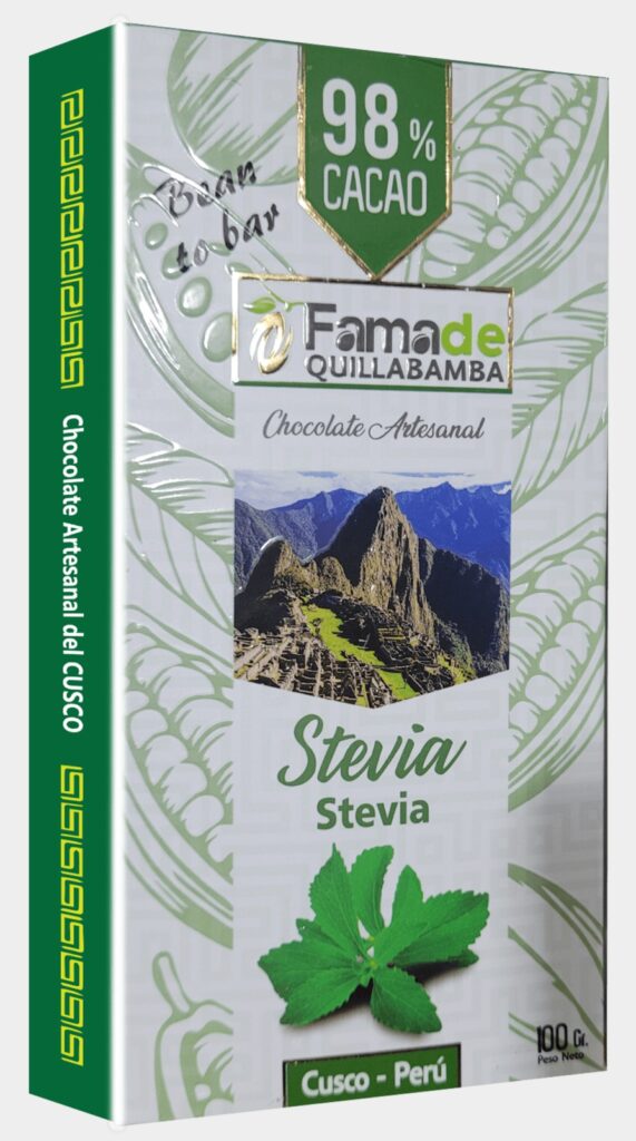 Barra de Chocolate con Stevia 98% Cacao | Barra 100g de 100 gramos, chocolate artesanal de Fama de Quillabamba, Cusco
