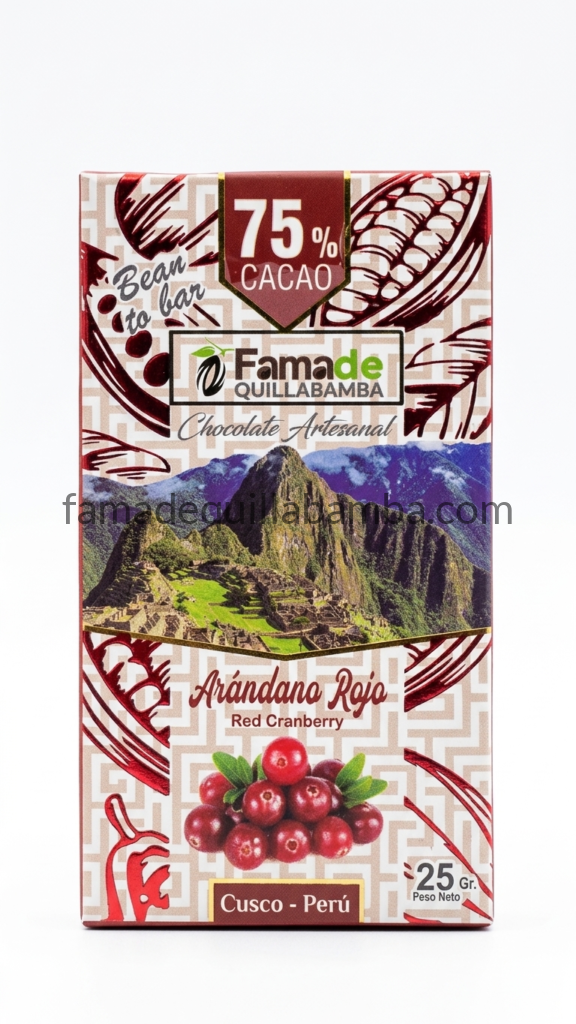 Chocolate con Arándano Rojo 75% Cacao | Barra 25 g - Fama de Quillabamba