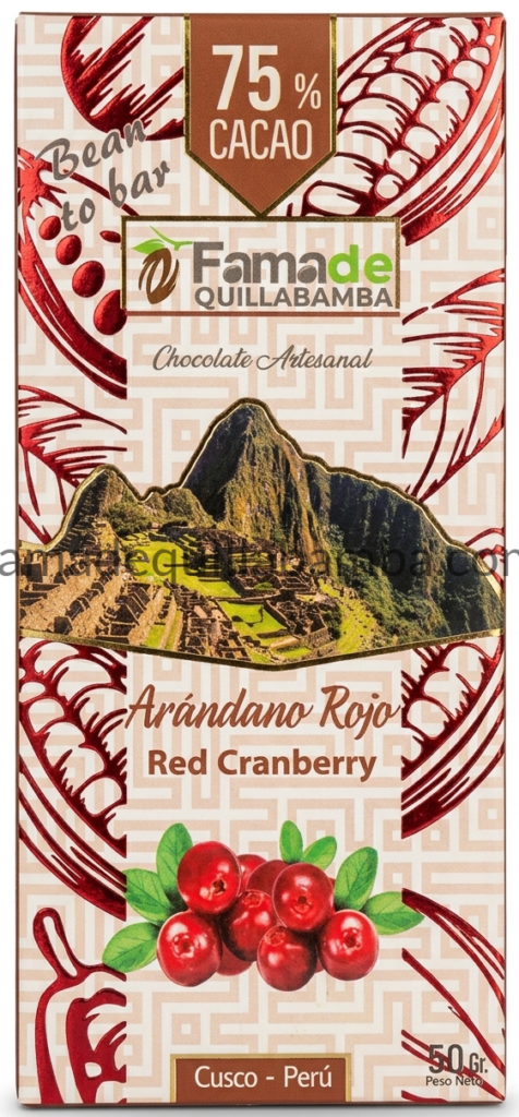 CHOCOLATE 75% - Chocolate con Arándano Rojo - Barra 50 gr