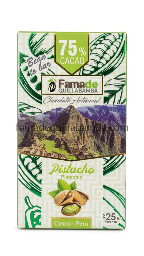 Chocolate con Pistacho 75% Cacao | Barra 25 g - Fama de Quillabamba