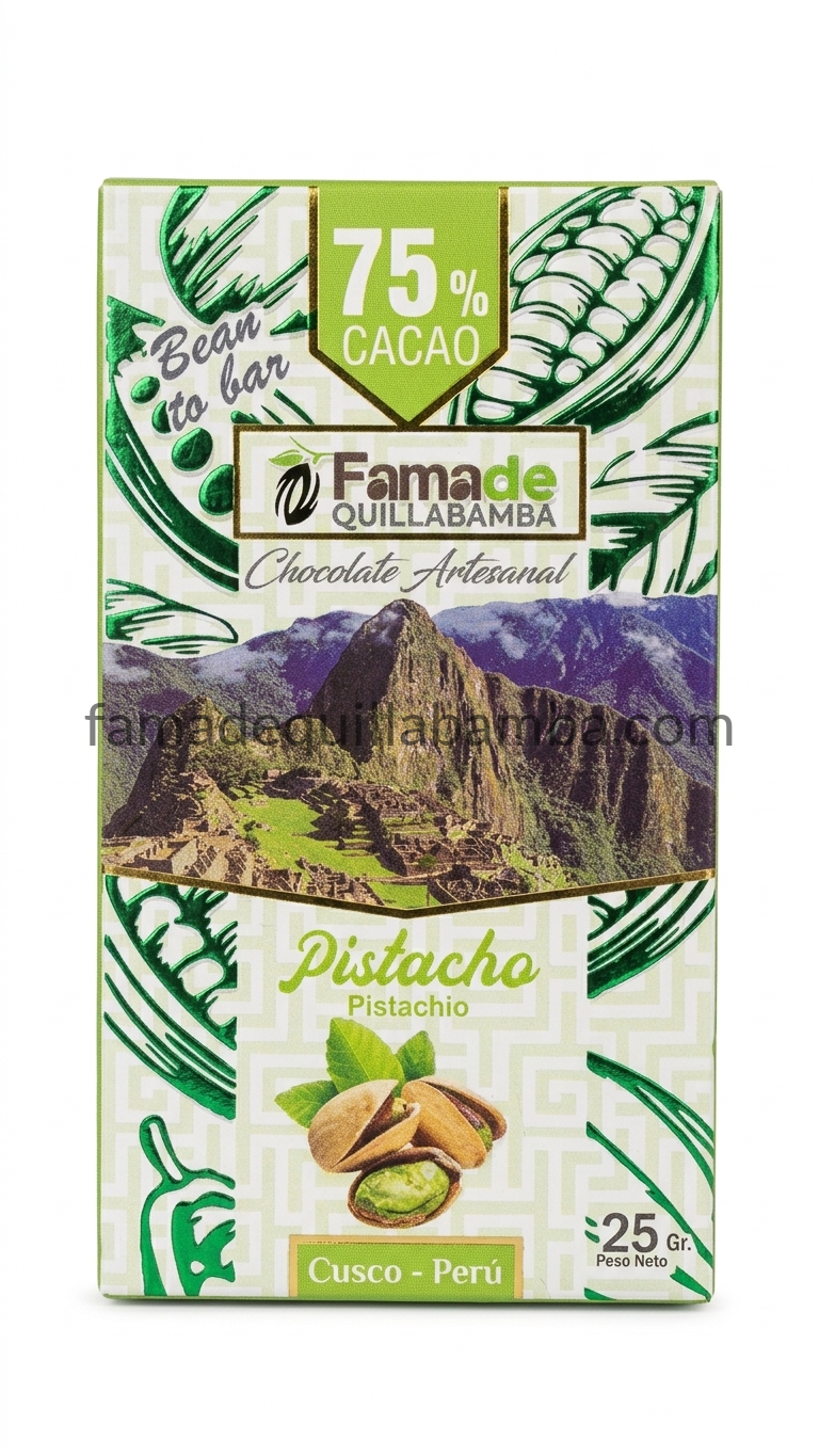 Chocolate con Pistacho 75% Cacao | Barra 25 g - Fama de Quillabamba
