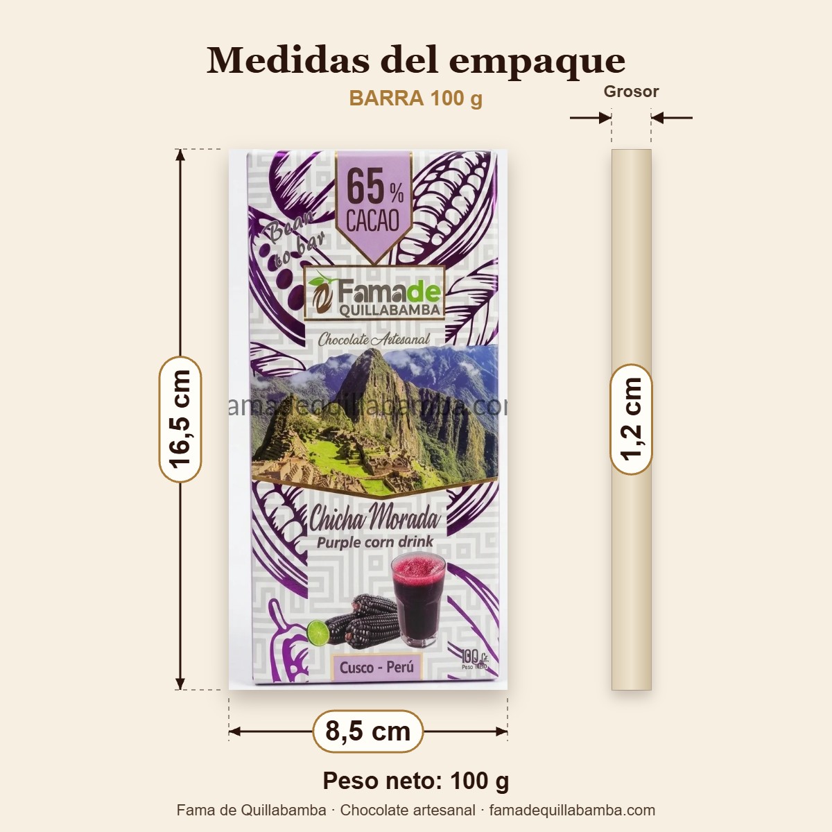 Chocolate con Chicha Morada 65% Cacao – Barra 100 g – medidas del empaque 16,5 × 8,5 × 1,2 cm
